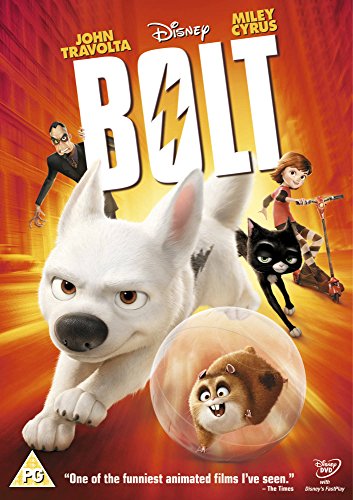 The white dog Bolt sits against a bright orange background on this DVD cover.