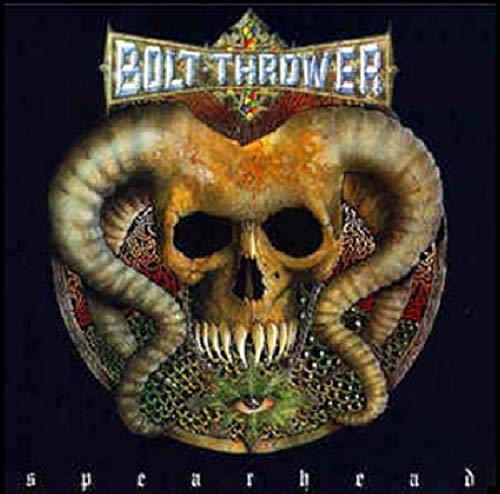 "Album cover with a skull and horns, 'Bolt Thrower' and 'Spearhead' text on black background."