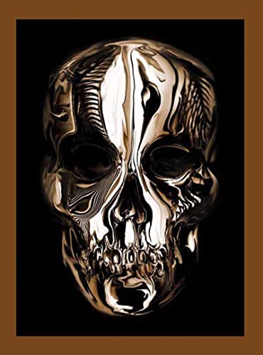 A shiny gold skull with a black background and brown border.