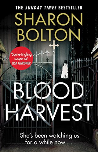 Book cover: "Blood Harvest" by Sharon Bolton, featuring a cemetery gate and ghostly figure.