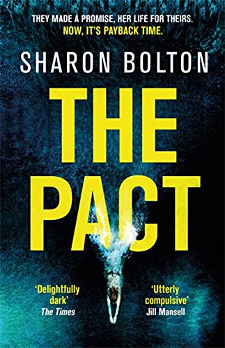 Book cover: dark blue, large yellow text "THE PACT", silhouette of a diver.