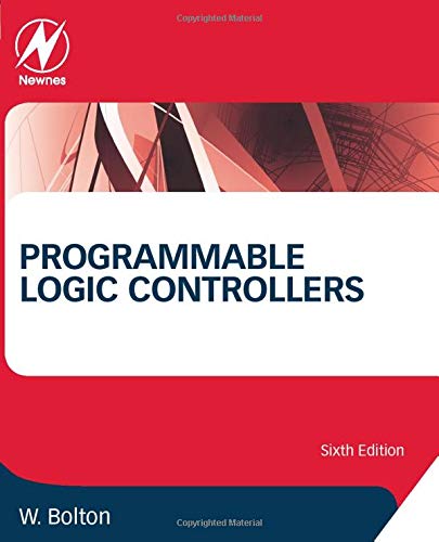 Red and white book cover titled "Programmable Logic Controllers," sixth edition.