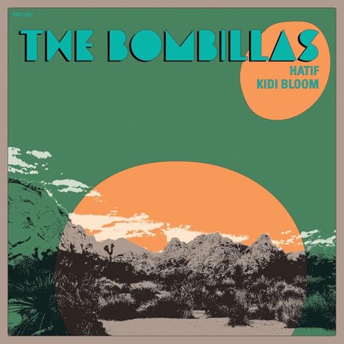 Vinyl record cover for Bombillas’ “Hatif Kidi Bloom” with desert landscape.