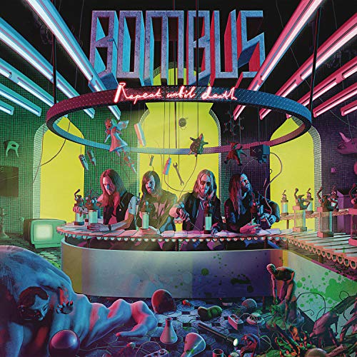 CD cover: Band in a neon-lit, surreal laboratory scene.