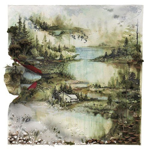 Bon Iver album cover: watercolor landscape with torn edges and buildings.