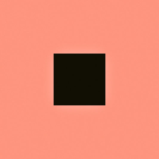 Bon Iver album cover: a black square on a faded peach background.