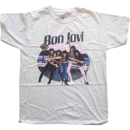 White t-shirt with a vintage-style graphic of the band Bon Jovi.