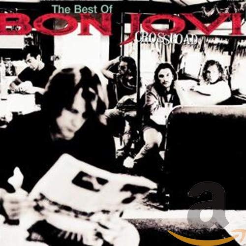 Black and white photo of the band Bon Jovi with red text overlay.