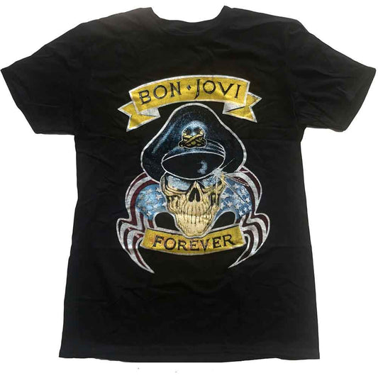 Black Bon Jovi t-shirt with skull and crossbones logo design.