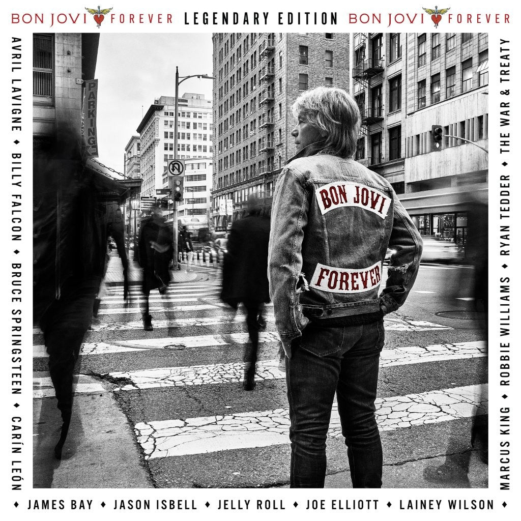 Bon Jovi “Forever” album cover: man in denim jacket, city street.