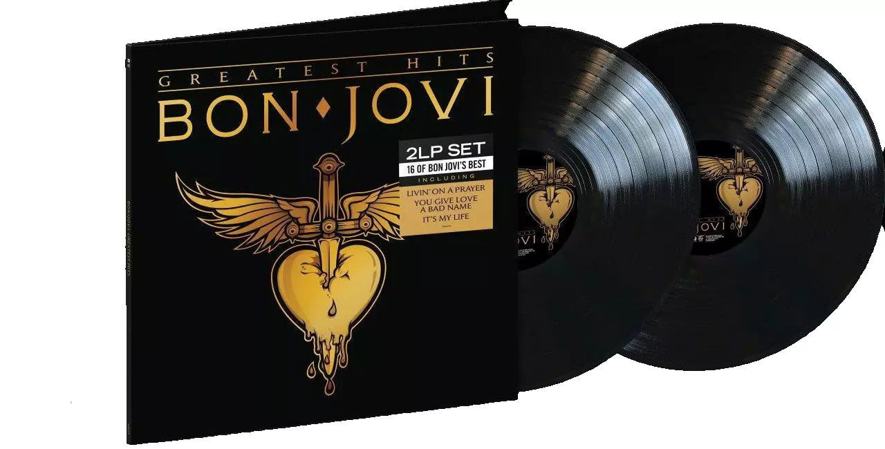 Bon Jovi’s “Greatest Hits” double vinyl record with gold heart and eagle design.
