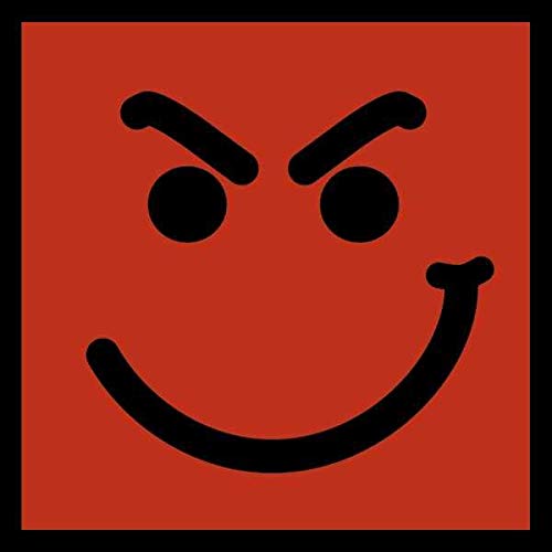 Red square with a black frowning smiley face graphic.