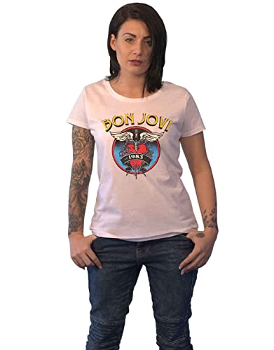 White t-shirt with a Bon Jovi logo featuring a winged heart, sword, and 1983.