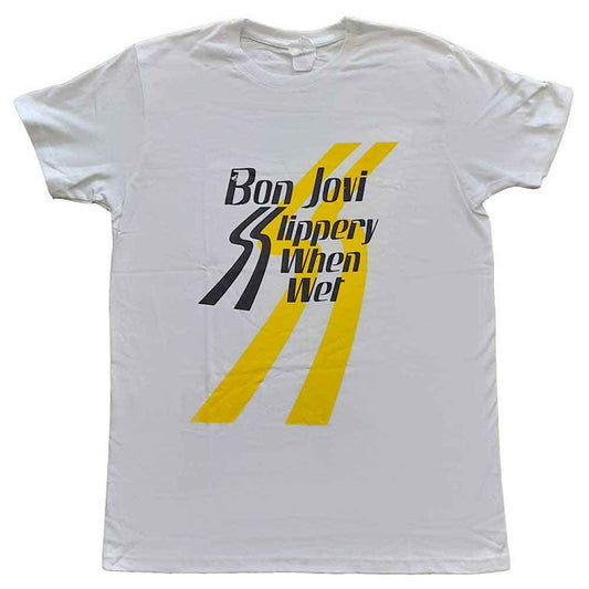 White t-shirt with Bon Jovi “Slippery When Wet” logo on front.