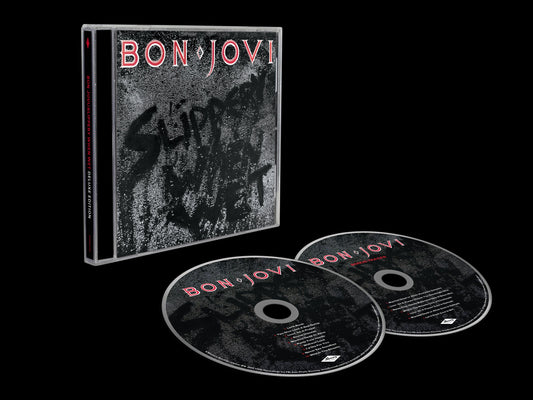 Bon Jovi "Slippery When Wet" CD case with two discs, black background.
