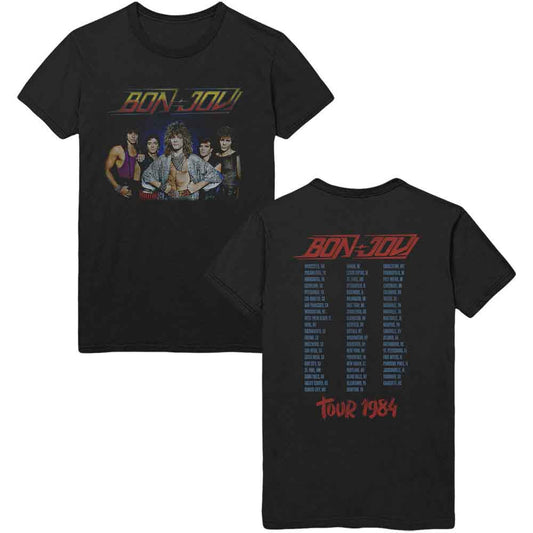 Black t-shirt featuring a vintage Bon Jovi band graphic with logo and members.