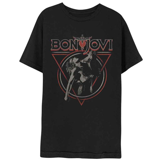 Black Bon Jovi t-shirt with a triangular graphic and band name.