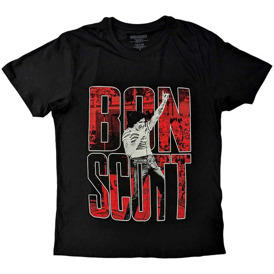 UnCandid photo of a unisex t-shirt featuring large text reading Bon Scott.