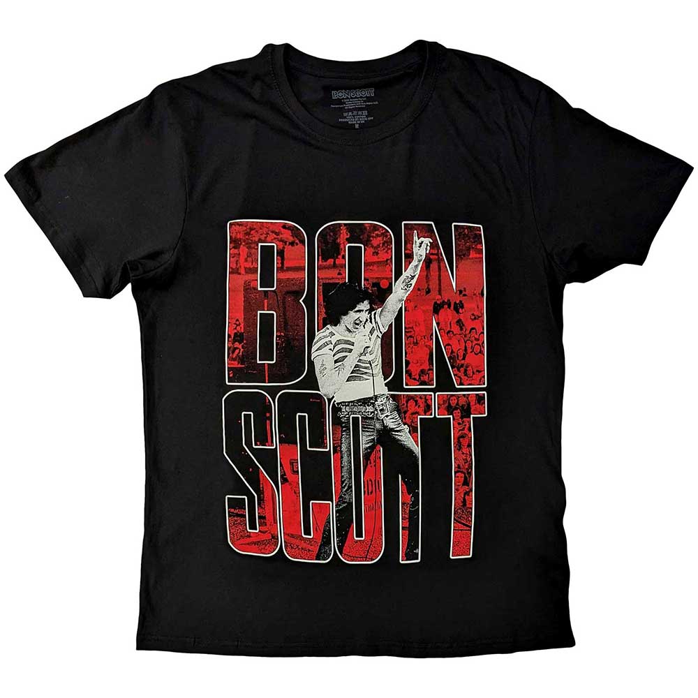 UnCandid photo of a unisex t-shirt featuring large text reading Bon Scott.