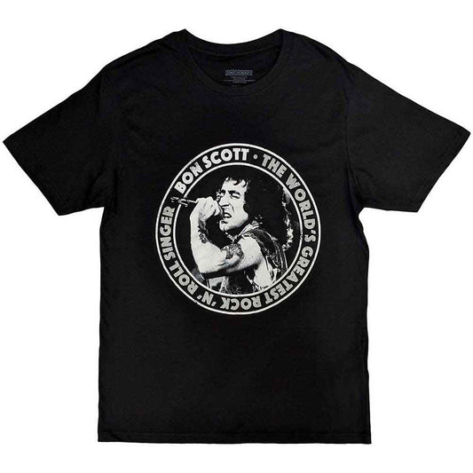 Black t-shirt with a circular graphic featuring Bon Scott of AC/DC.