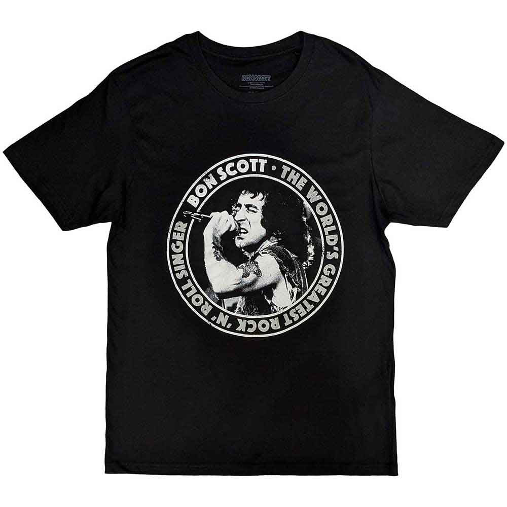 Black t-shirt with a circular graphic featuring Bon Scott of AC/DC.