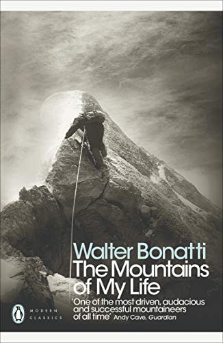 Book cover: mountaineer climbing a rocky peak, grey and white tones.