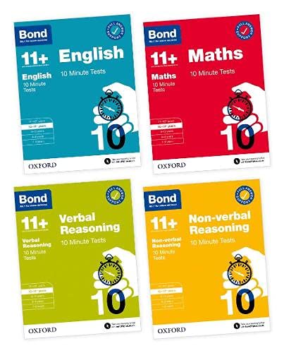 Four colorful Bond 11+ test workbooks with a clock graphic.