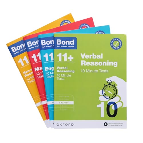 Bundle of colorful Bond 11+ practice test books with a clock icon.