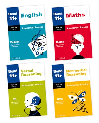 Four colorful Bond 11+ assessment practice workbooks for ages 7-8.