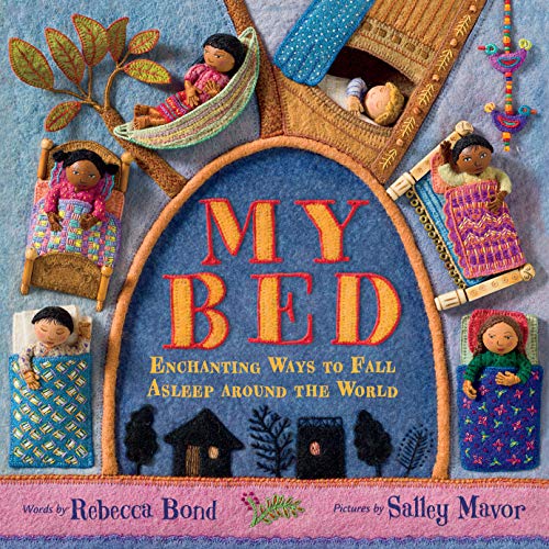Children sleeping in diverse beds, illustrated with fabric and embroidery.