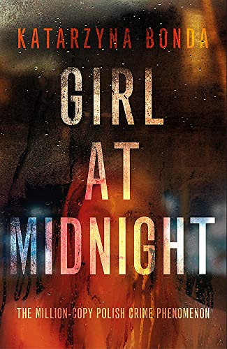 Book cover: "Girl at Midnight" with dark, textured orange and blue background.
