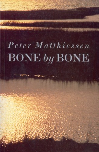 Book cover: "Bone by Bone" by Peter Matthiessen, golden marsh landscape.