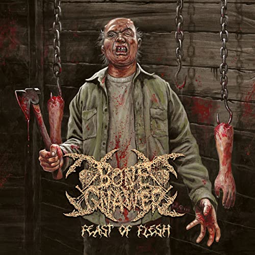 Gruesome album cover depicting a bloodied man with axes and hanging limbs.