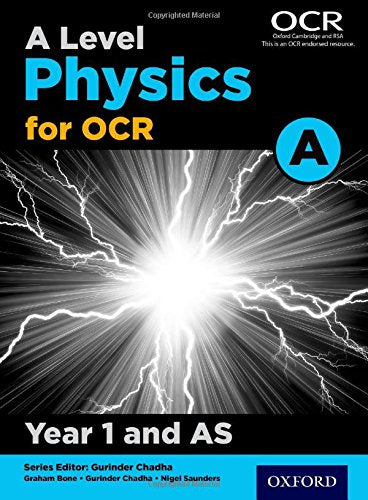 Textbook cover: “A Level Physics for OCR”, with lightning image.