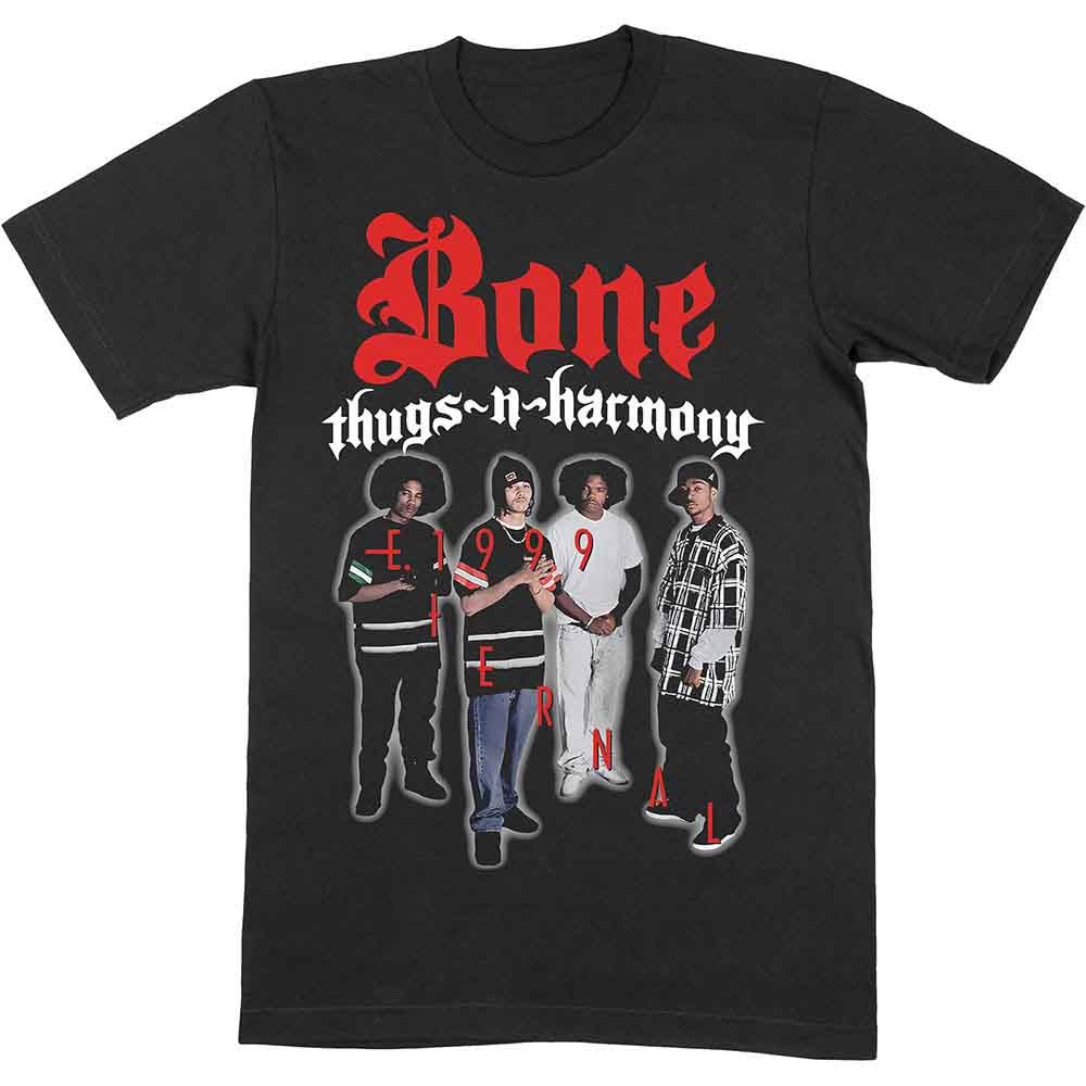Black t-shirt featuring Bone Thugs-n-Harmony logo and band members with E. 1999 Eternal text.