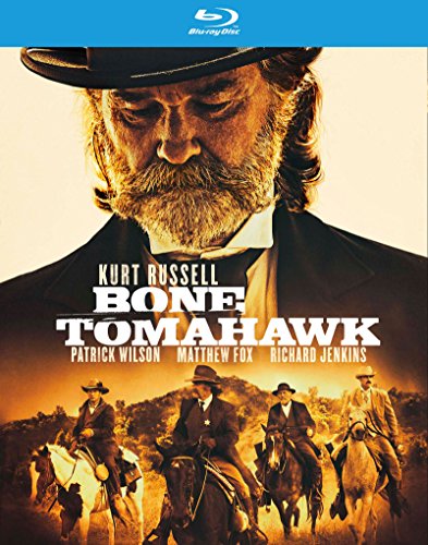 Bone Tomahawk" Blu-ray cover featuring Kurt Russell and horseback riders.