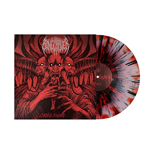 Red and black swirl vinyl record with demonic, illustrated album cover.
