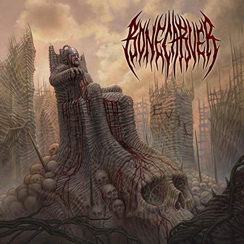 A figure sits on a throne of bone amidst a landscape of skulls and ruins.