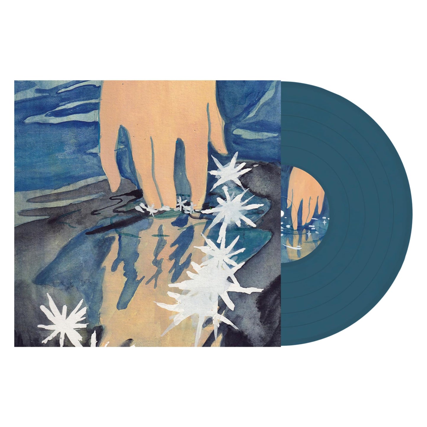 Vinyl record with cover art of hands and white flowers in blue.