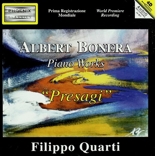 CD cover for Albert Bonera’s “Presagi” with abstract blue and yellow painting.