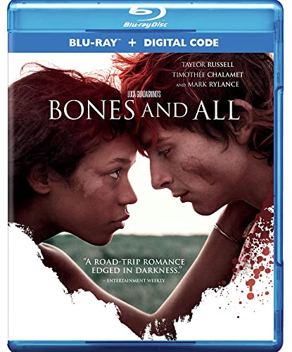 Bones and All" Blu-ray cover featuring Taylor Russell and Timothée Chalamet.