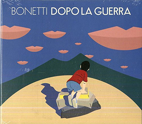 CD cover: boy with cardboard boxes, mountains, and pink shapes in sky.