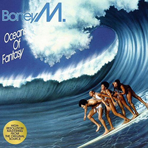 Boney M. album cover: people surfing a large, curling blue wave.