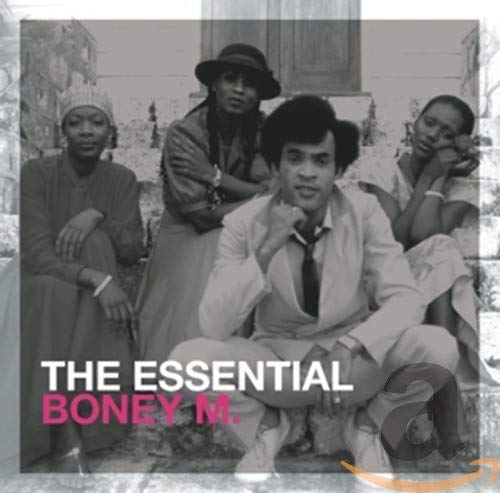 Black and white photo of Boney M. band members, album cover.
