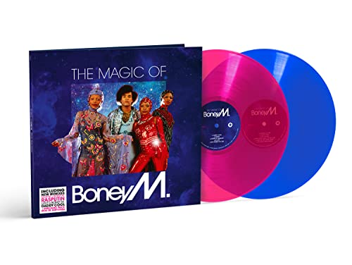Boney M. album cover and two colored vinyl records on white background.