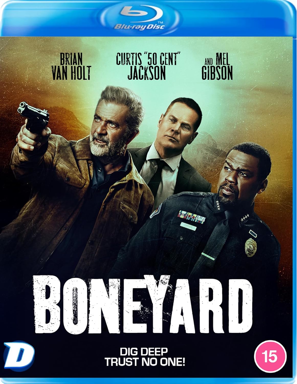 “Boneyard” Blu-ray cover featuring Brian Van Holt, Curtis “50 Cent” Jackson, and Mel Gibson.