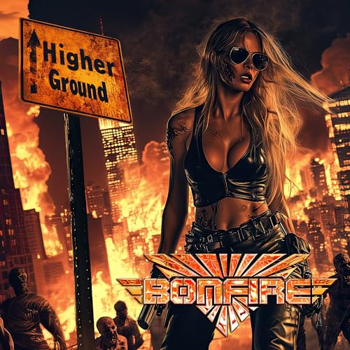 CD cover: woman with sunglasses, burning city, and “Higher Ground” sign.