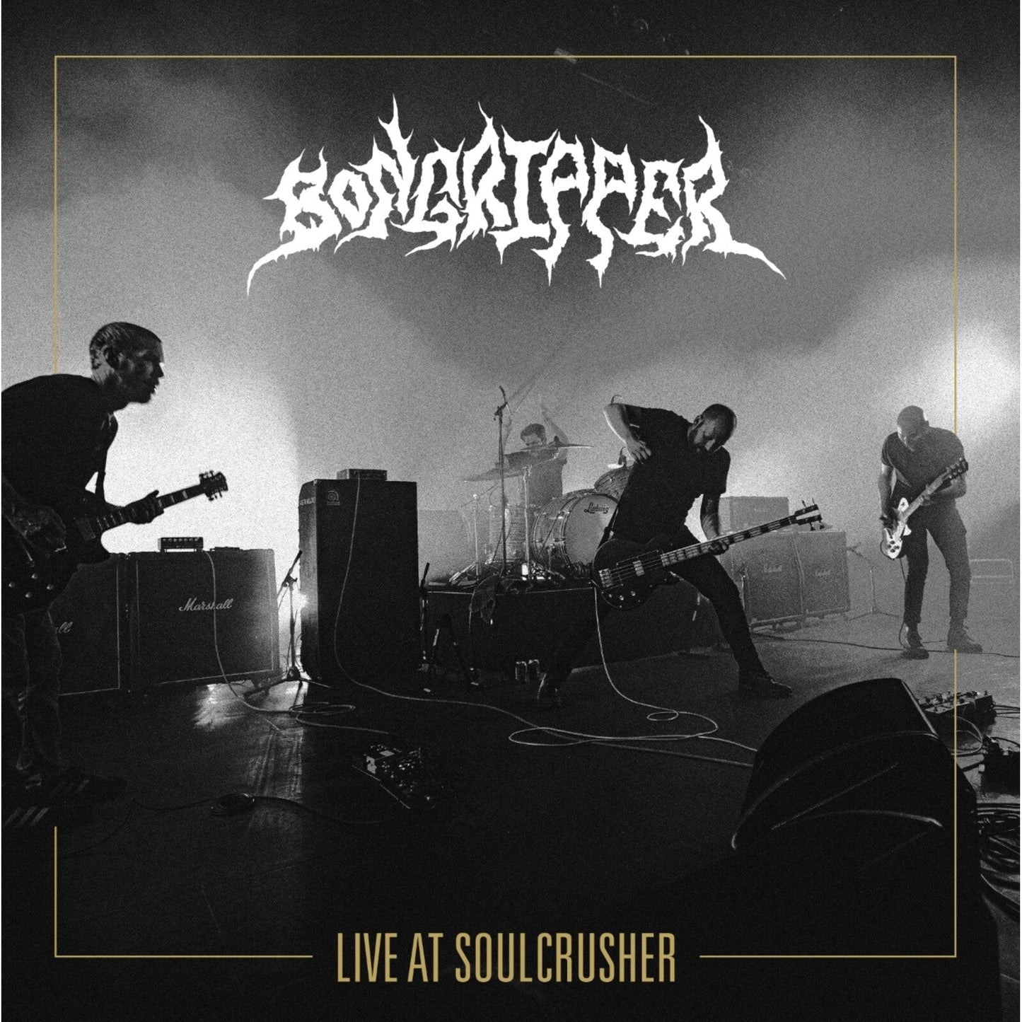 Black and white photo of a band performing live on stage.