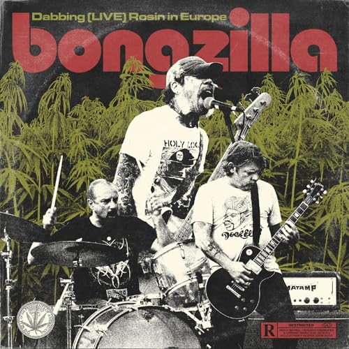 Bongzilla band performing live, with cannabis leaf imagery, on CD cover.