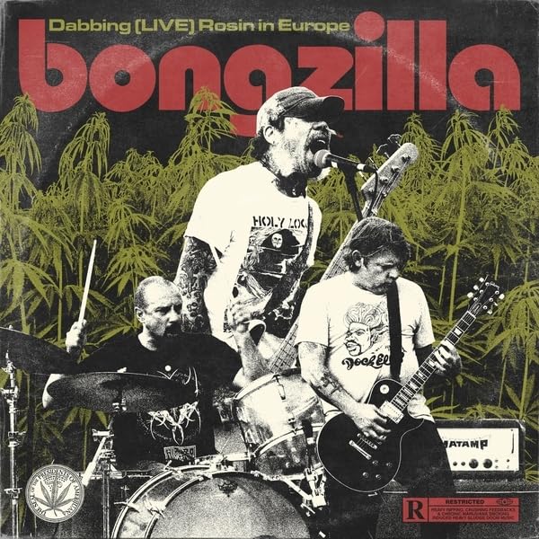Black and white album cover featuring a band performing with cannabis leaves.